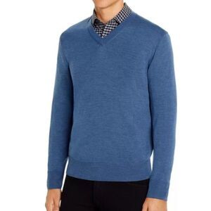 Brooks Brothers Men's Medium Blue Extra Fine Merino Blend LS V-Neck Sweater Sz M